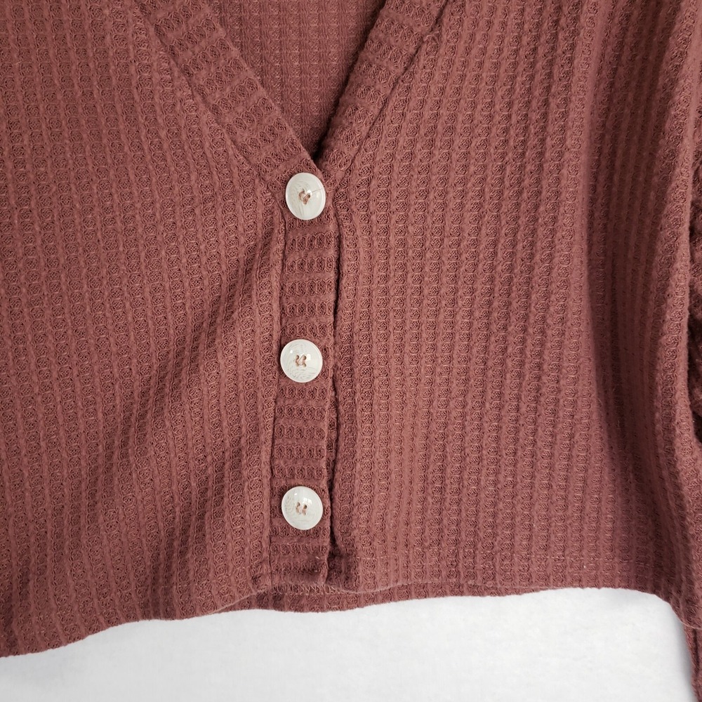 Romwe Cropped Cardigan Womens Medium Mauve Waffle Knit Long Sleeve Button Up Top - Picture 3 of 7